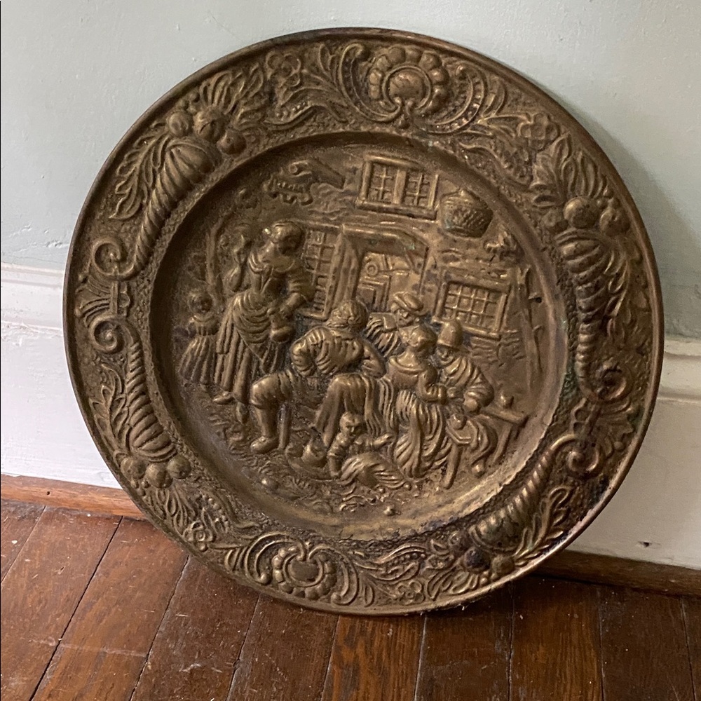 Vintage Brass Plate with Tavern Scene Embossed Plaque